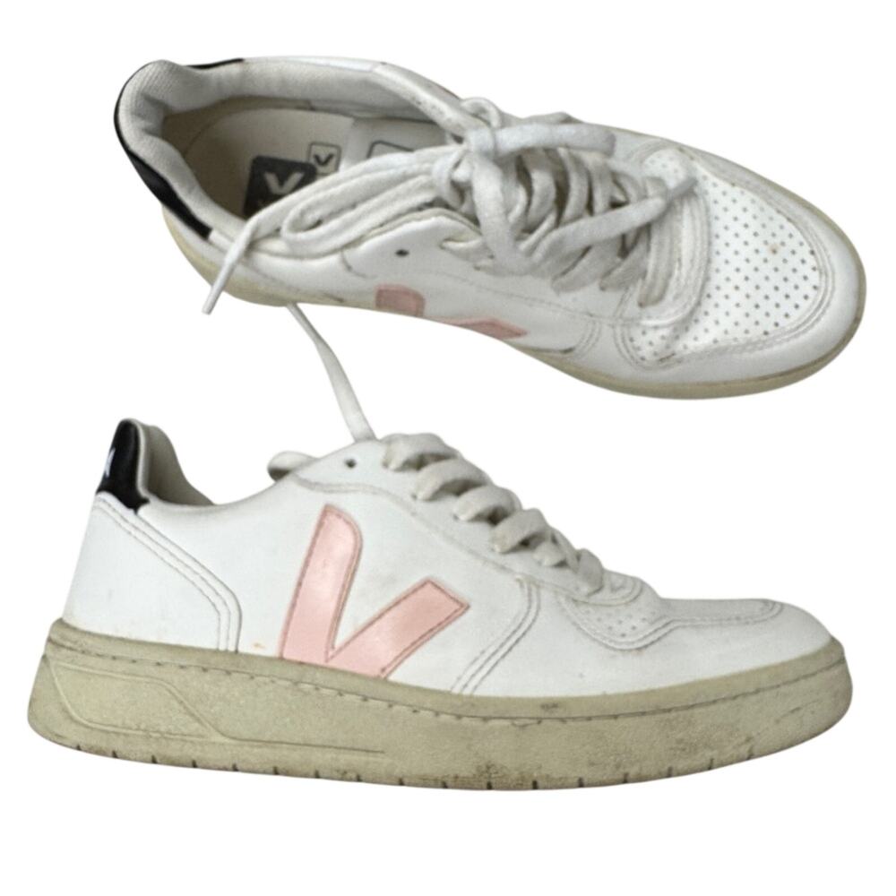 Veja V-10 White Pink Leather Sneakers Kids Girls 4 Casual Lace Up Shoes EU 35